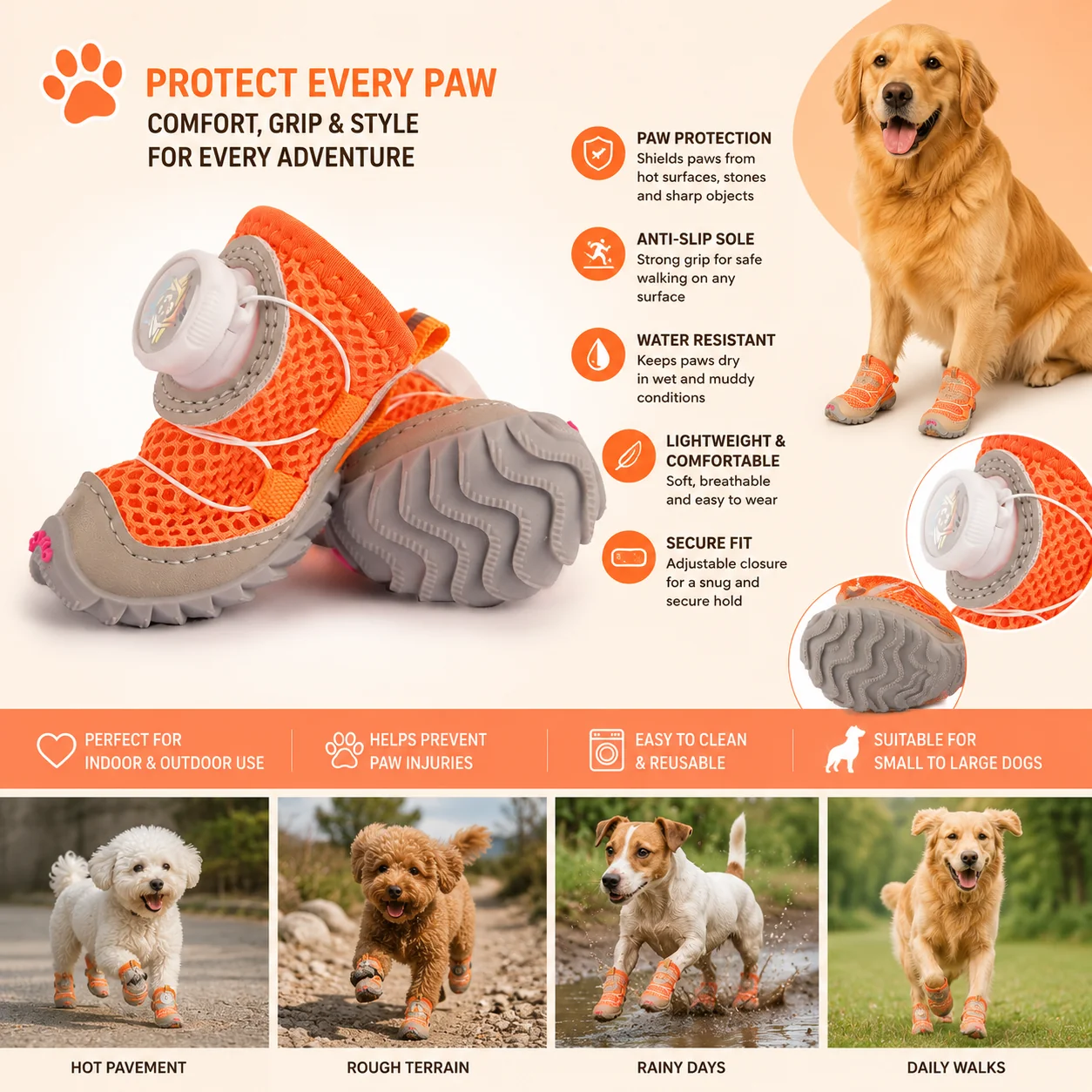 Breathable Anti-Slip Waterproof Dog Boots (4-Pack)