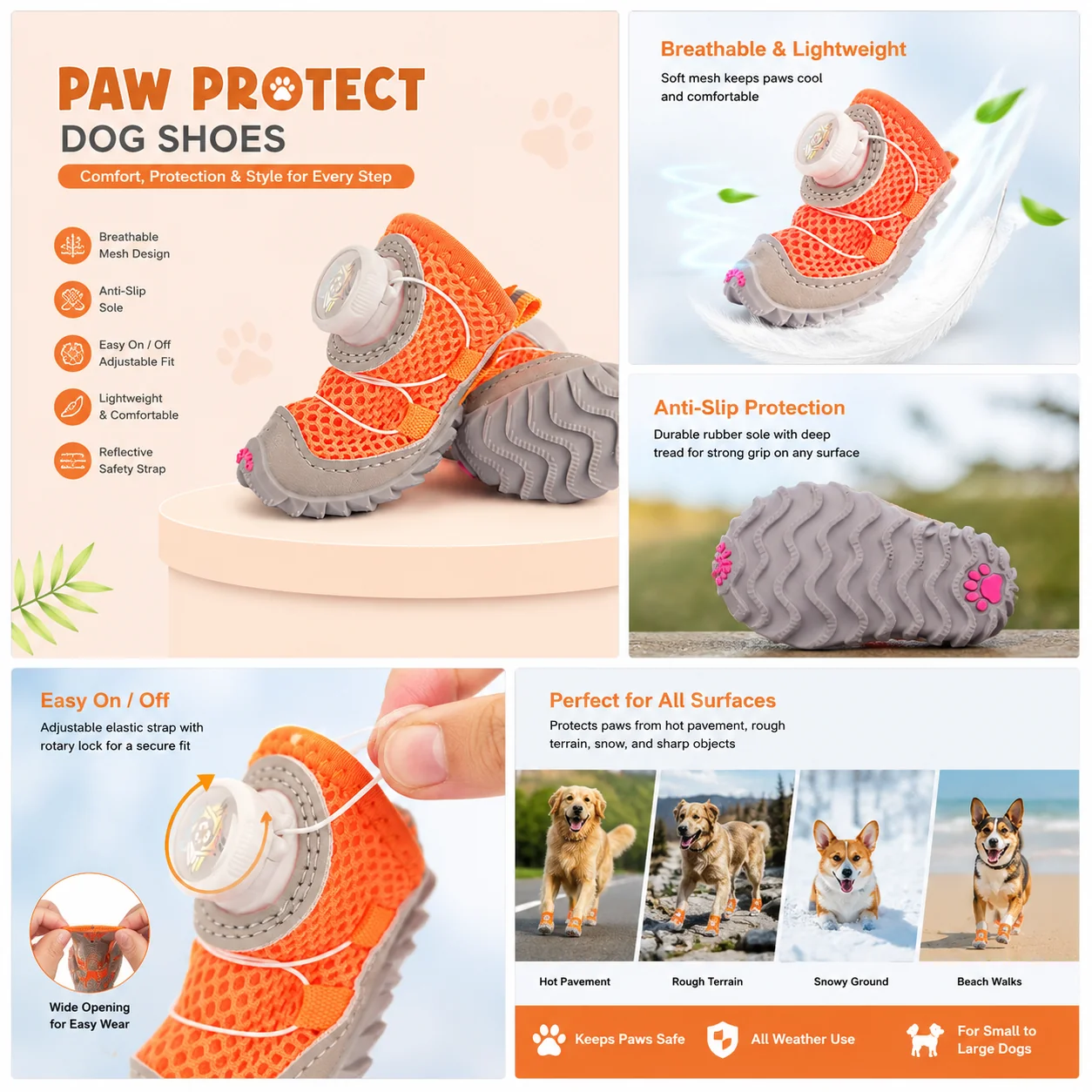 Breathable Anti-Slip Waterproof Dog Boots (4-Pack)